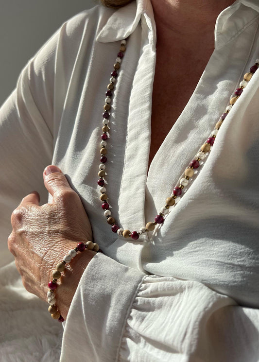 Parure collier et bracelet en perles roses et blanches